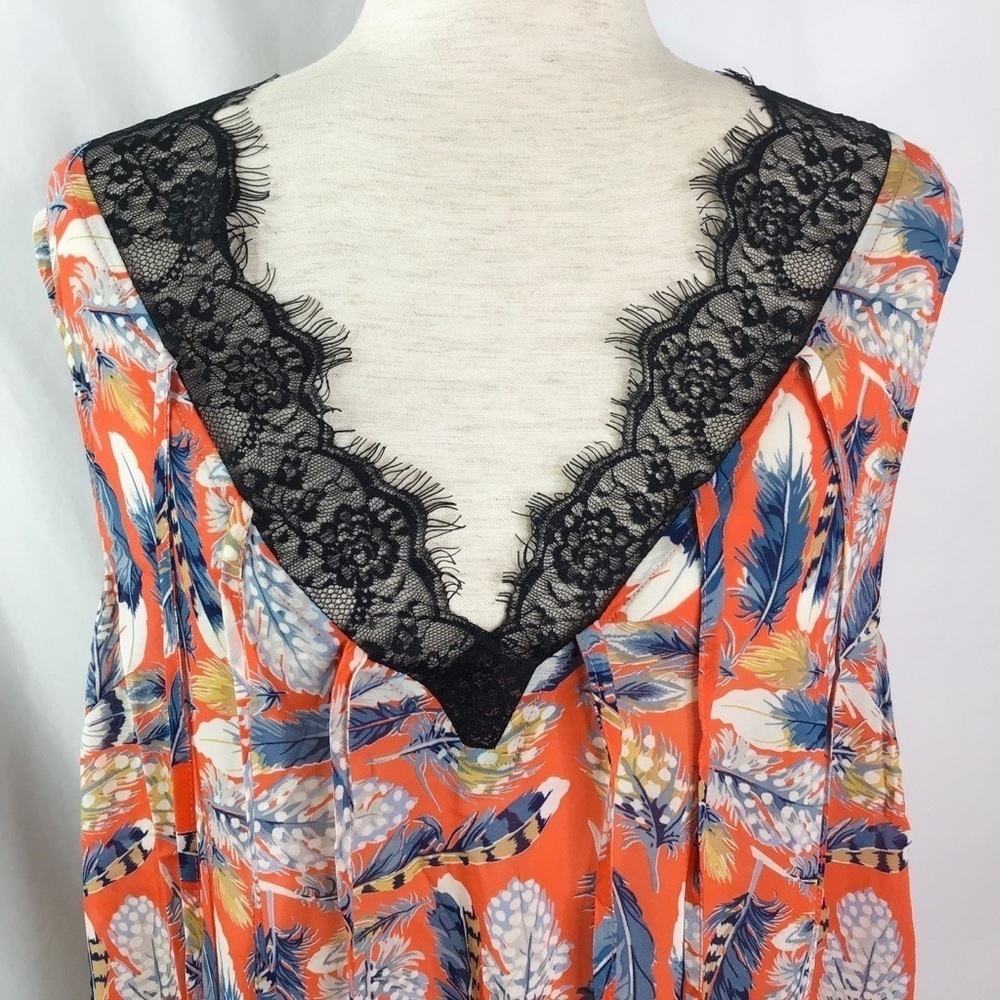 Nwt A’reve Nightgown Size L Camisole Lace Boho Feather Print Red Blue - Picture 3 of 14